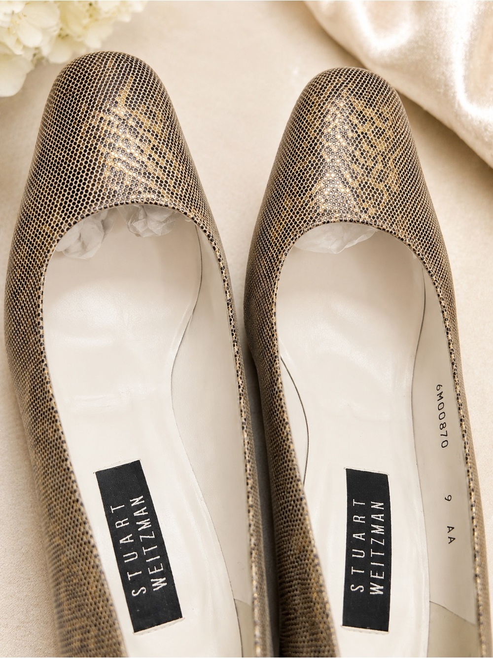 Stuart Weitzman Metallic Gold Snake-Print Flats